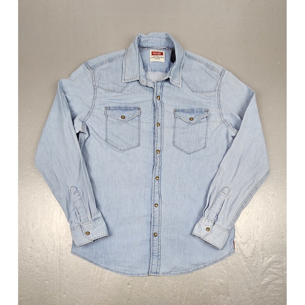 Wrangler Denim Pearl Snap Shirt Mens Medium Western Stretch Long Sleeve
